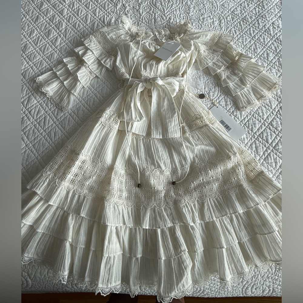 NWT Zimmermann Size 0 Ivory Cotton Lace Dress with Tie Waist - Picture 7 of 16